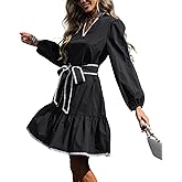 LifeShe Women Tie Front Babydoll Dress V Neck Puff Sleeve Mini Dresses