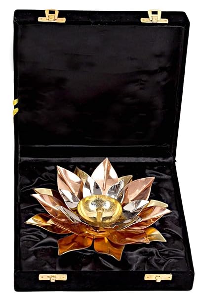 Indian Art Villa Silver, Gold and Copper Plated Lotus Design Akhand Diya Deepak, Arti Poojan Temple (Width 8 Inch)