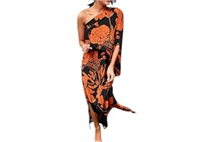 BAXLIMEK One Shoulder Dresses for Women,2024 Spring Summer Casual Batwing Sleeve Cocktail Dress,Vintage Graphic Party Dress