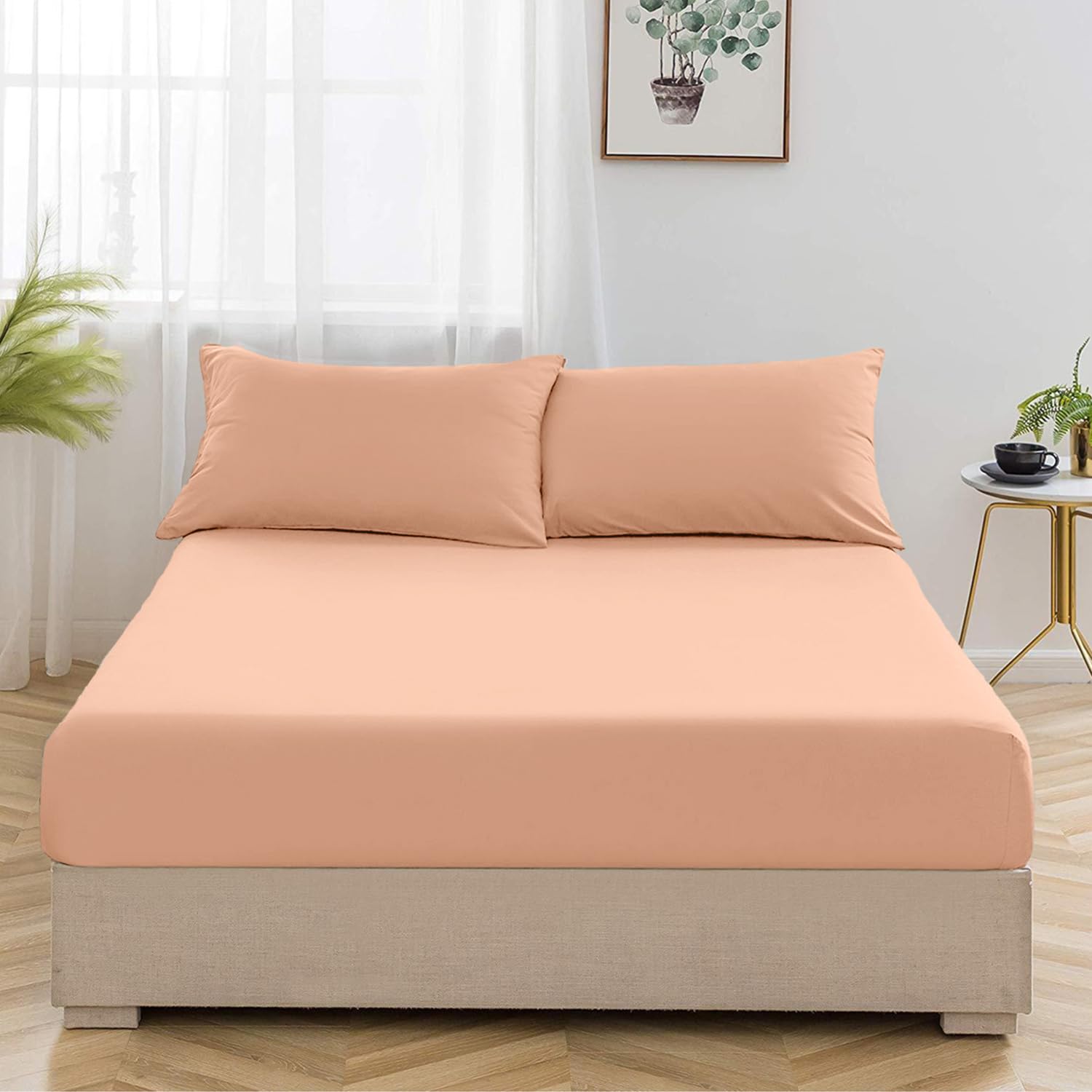 Oxford Homeware Peach Double Fitted Sheet -100% Brushed Microfibre 1800 Easy Care 25 cm Deep Double Bed Sheets - Shrinkage and Fade Resistance