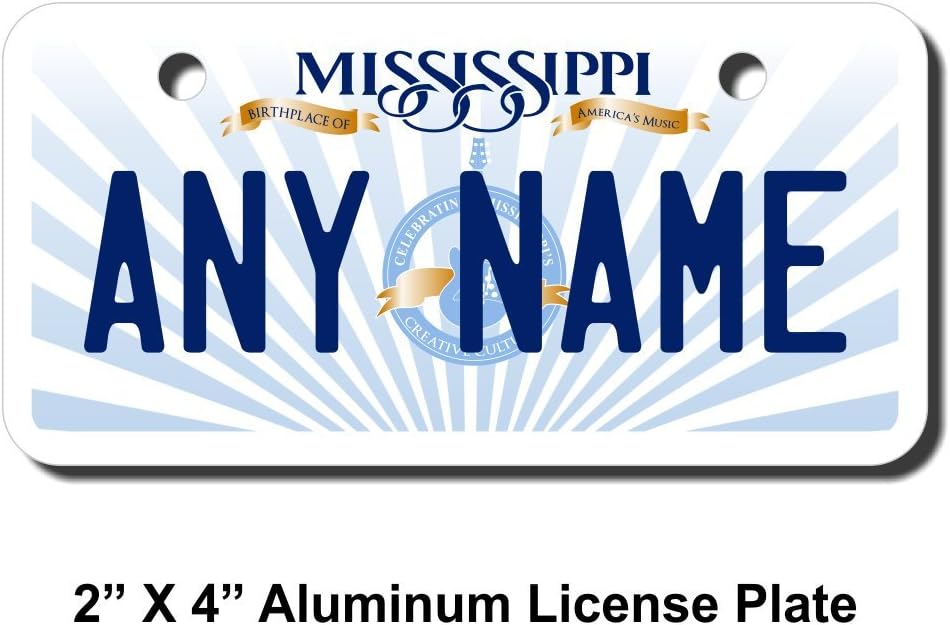 Personalized Mississippi License Plate 3" X 6" (inches) Fiberglass Reinforced Plastic. Add Your Name, Text or Numbers.Great Size for Bikes, Bicycles, Kid's Ride on Cars, Wagons, Walkers etc. VER.2