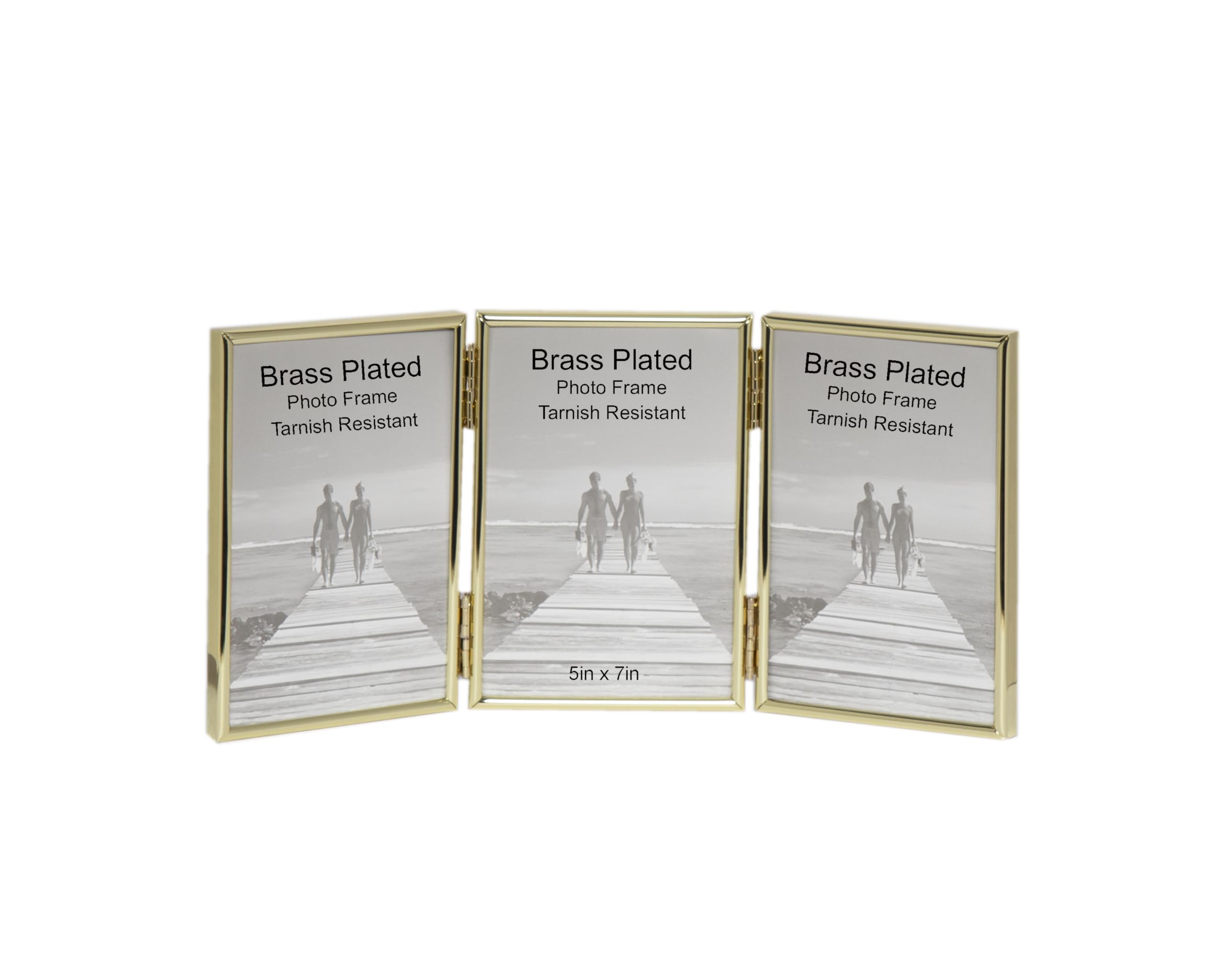 Gold Brass Plated Thin Edge TRIPLE PORTRAIT Photo Frames - Velveteen Backing - Tarnish Resistant (5" x 7")