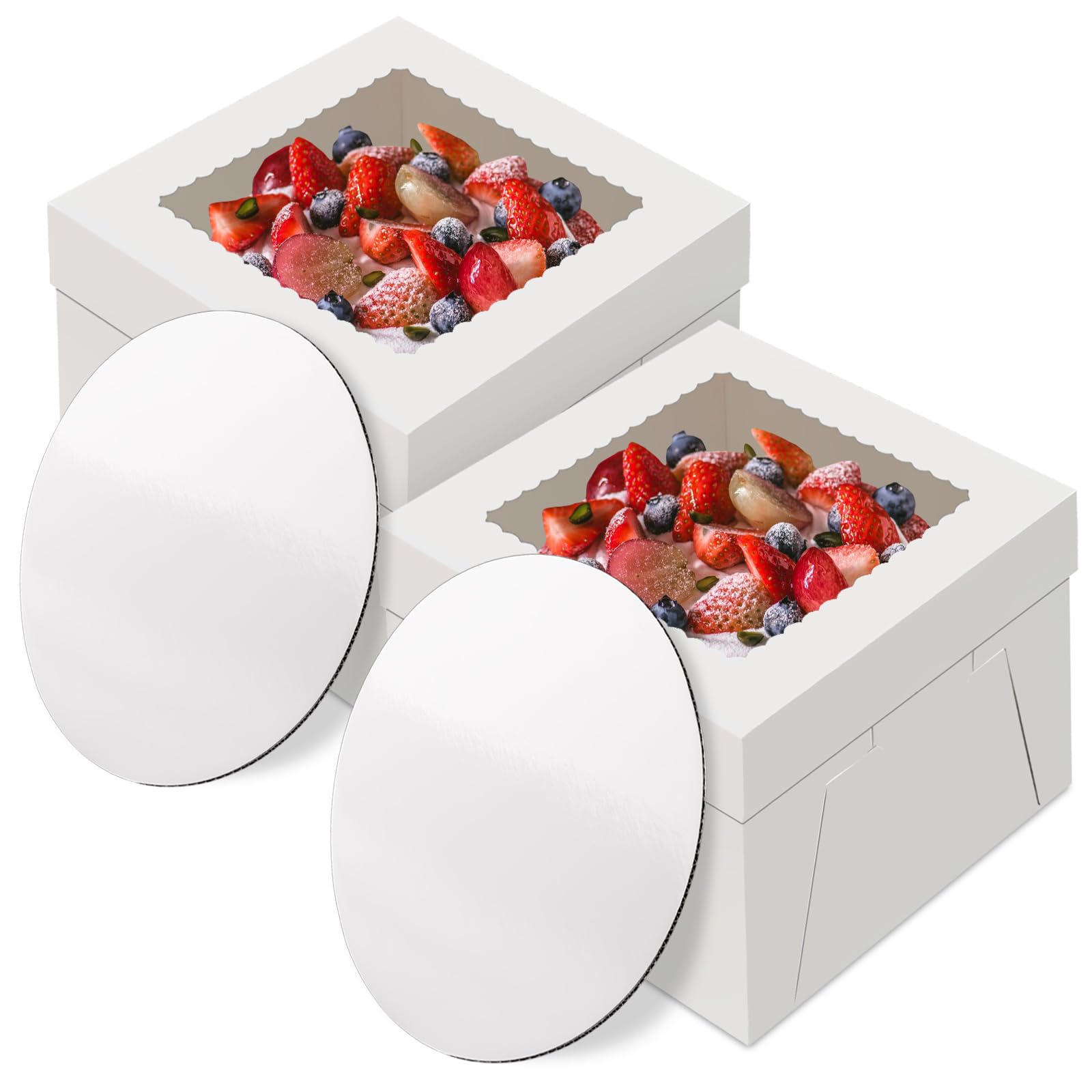 Photo 1 of 2 Pack Cake Boxes with Cake Boards, 12 Inch Tall Cake Box, Disposable Cake Transport Container, White Cake Carrier Holder for Baked Goods Cookies Dessert Pastry Cupcakes Bakery (12×12×8 Inches)