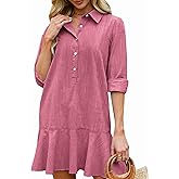 LifeShe Women's Tunic Mini Shirt Dress Cotton Long Sleeve Ruffle Hem Dress Button Up Shift Chambray Dresses