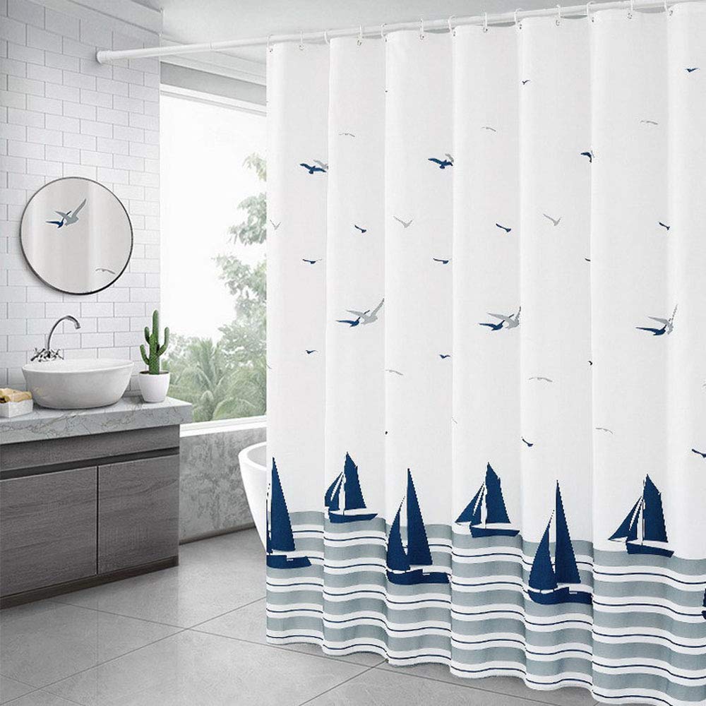 Xinyanmy Seagull Sailboat Nautical Shower Curtain Weighted Hem with 14 Hooks 100% Polyester Extra Large Waterproof Mouldproof Washable for Bathroom,180x180cm(71" x 71")