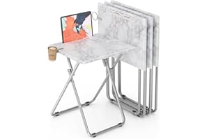 Fleecy day TV Tray Table,Folding Table with Cup Holder Portable,Foldable Snack Tray for Eating,Small Folding Tables Set of 4,Dinner Tables for Couch, Living Room,Small Space (White Marble,4Pcs)
