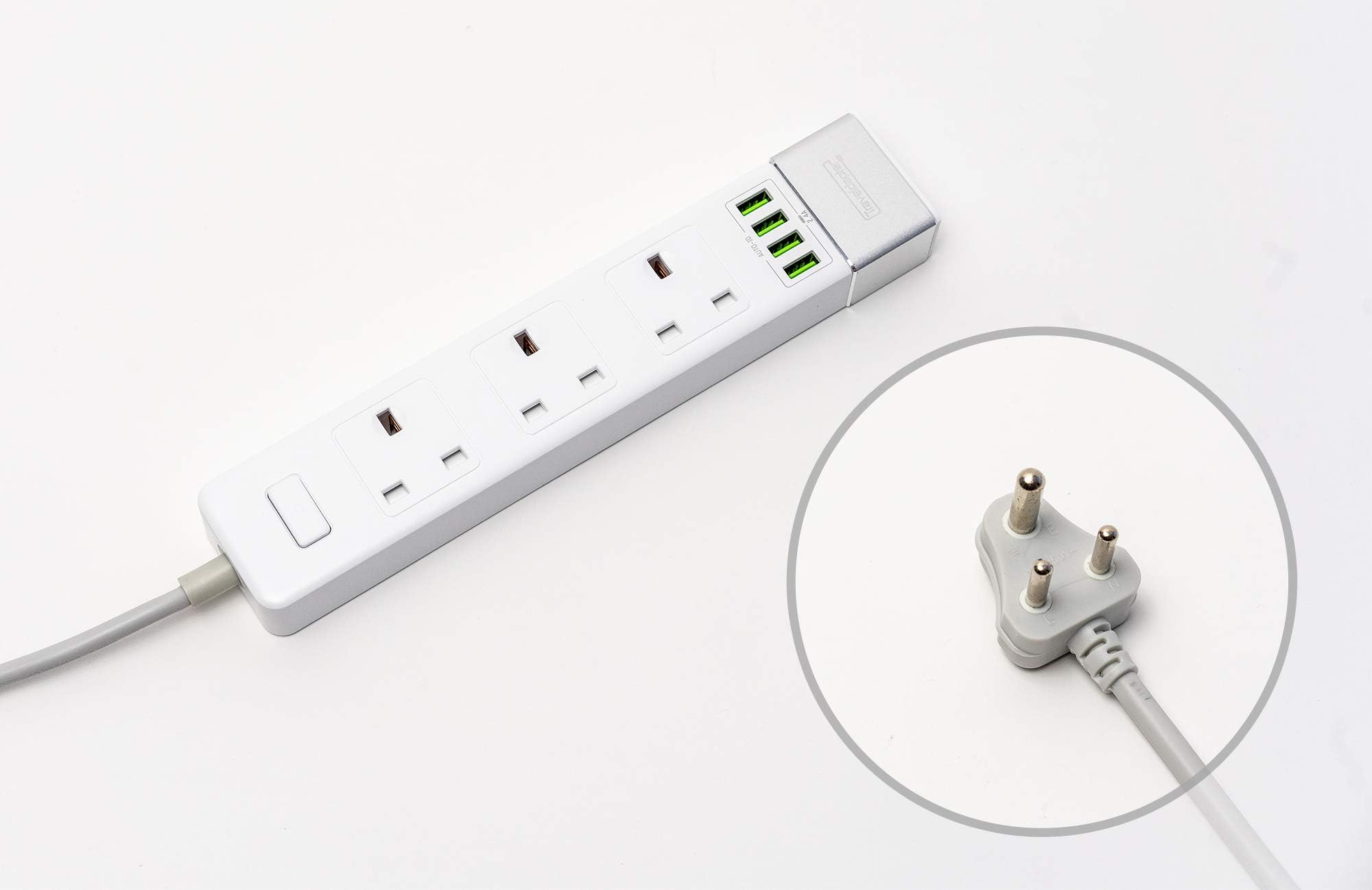 Uk To India Type D Plug Travel Adapter Compact Extension Power Strip For Nepal Sri Lanka Maldives 1.5m Lead Cable Safe Moulded Earthed 3 Pin Plug 3 Sockets 4 USB Ports