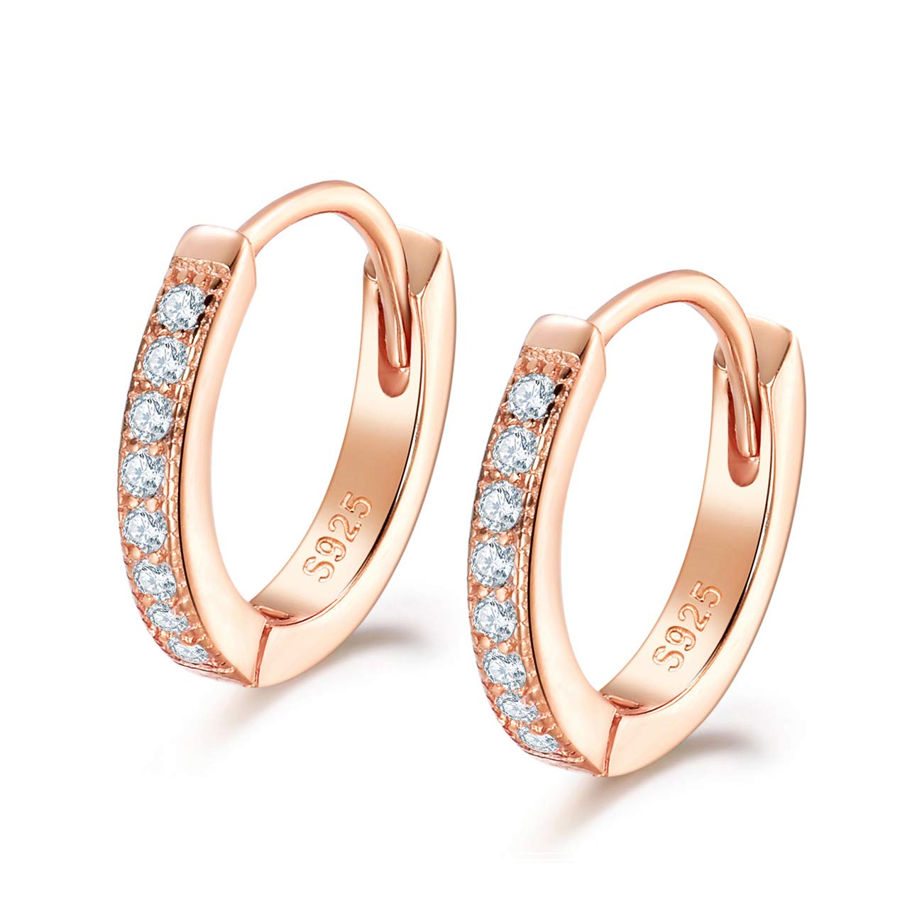 Shuxin Silver Hoops Earrings for Women, 925 Sterling Silver Rose Gold Huggie Hinged Earrings with AAA Cubic Zirconia, Diameter 13mm Hypoallergenic Small Sleeper Hoops