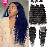 Brazilian Deep Wave Virgin Hair 3 Bundles with Middle Part Closure Natural Black(12 14 16+10)