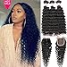 Brazilian Deep Wave Virgin Hair 3 Bundles with Middle Part Closure Natural Black(12 14 16+10)