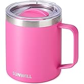 SUNWILL Insulated Coffee Mug with Lid, Travel Tumbler with Handle, 14 oz Stainless Steel Cup for Home, Office, Camping, Powder Coated Magenta