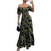 MakeMeChic Women's Off The Shoulder Maxi Dress Cut Out Backless Ruffle Short Sleeve Shirred Summer Dresses