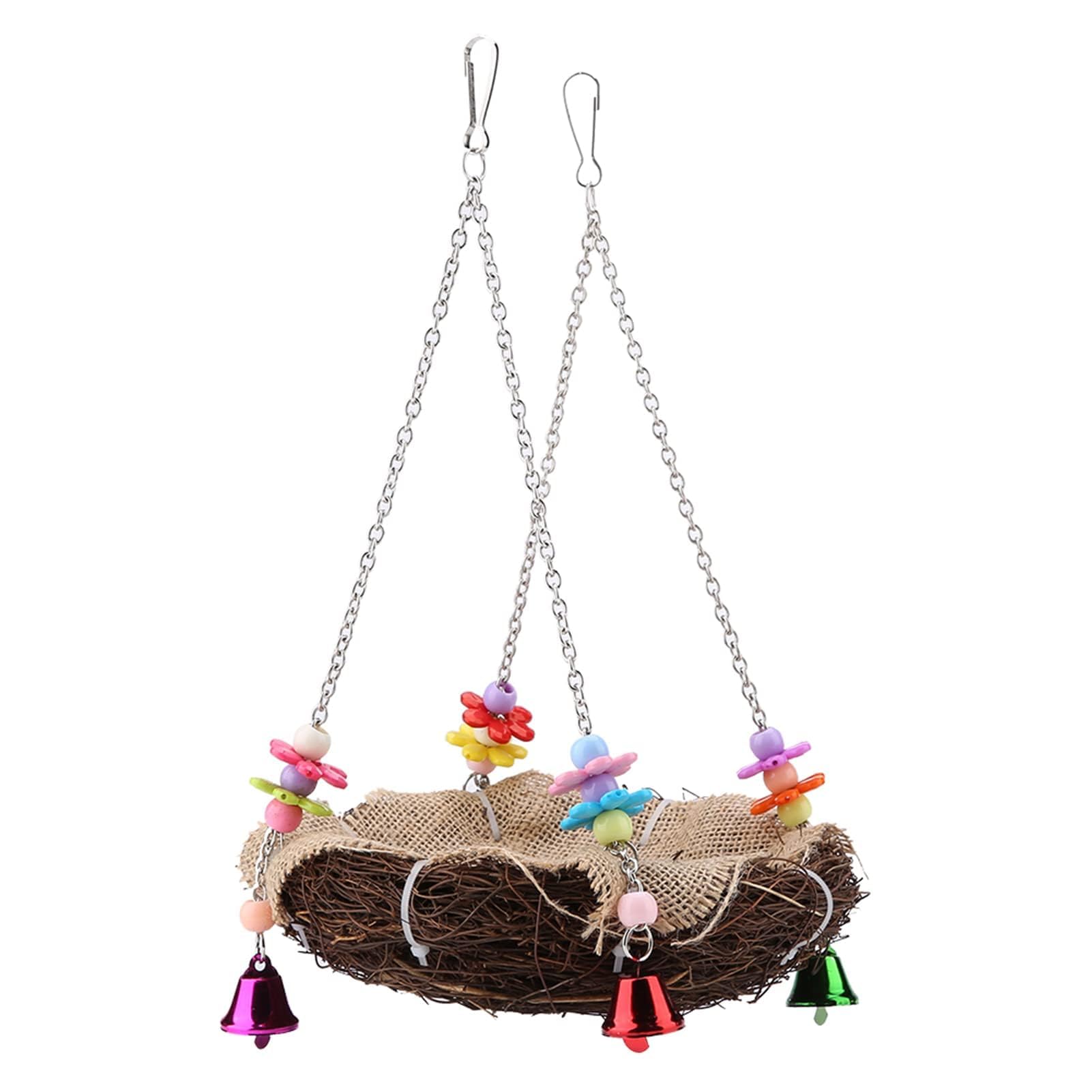 Rattan Bird Nest Swing Toys for Parrots, Colorful Hanging Perches Climbing Chew Toys with Bells Large Size (L) for Bird Cages