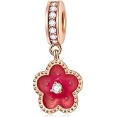 Rose Gold Dangle Little Red Flower Charms, fit Pandora Valentines Bracelet, 925 Sterling Silver Floral Bloom Enamel Pendant Beads with CZ, Gifts for Wife/Mothers Day/Grandma