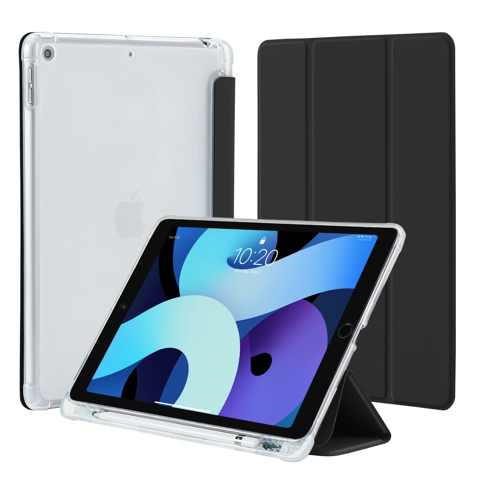 4UBonLife Case for iPad 10.2 inch 9th 8th 7th Generation Case 2021/2020/2019 with Pencil Holder, Slim Stand Smart Case Soft TPU Translucent Frosted Back Cover Shell for Apple iPad 9/8/7, Black