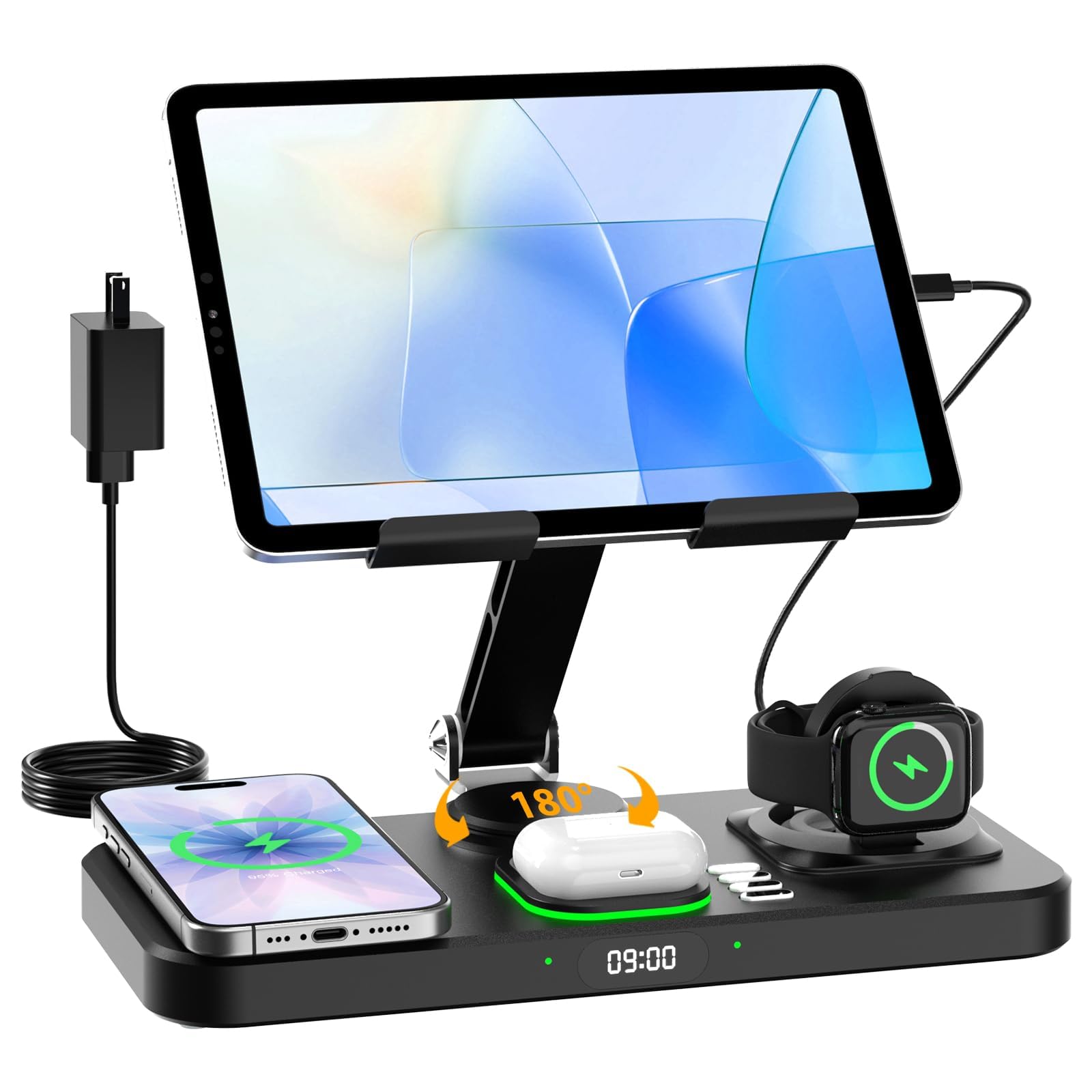 Photo 1 of 30W Charging Station for Apple Products, Foldable Wireless Charger with Clock Display&7 Color Light, Wired Charging for iPad/Tablet Charging Station for iPhone17, for Apple Watch11 for AirPods4(Black