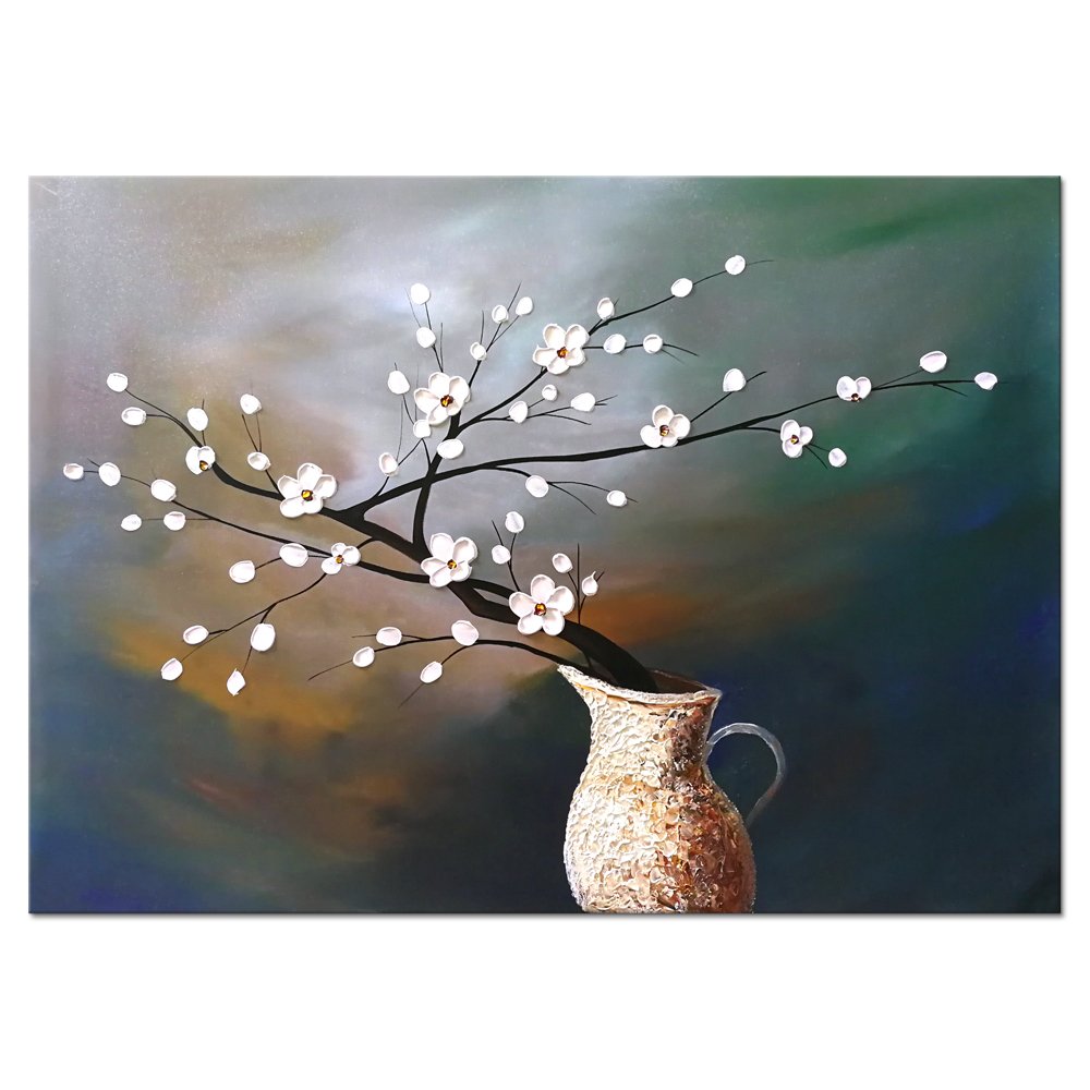 Wieco Art Plum Blossom Floral Oil Paintings Canvas Wall Art Modern Contemporary Abstract White Flowers Artwork ornament Ready to Hang for Living Room Bedroom Kitchen Home Decorations Wall Decor