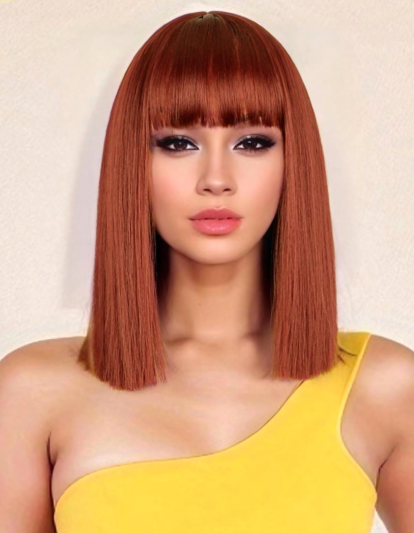 PORSMEER Short Straight Bob Auburn Wigs with Fringe Shoulder Length Hair Colorful Wig for Women Girls Heat Resistant Synthetic Wig for Cosplay Halloween Party 14 Inch 35cm Ginger Brown