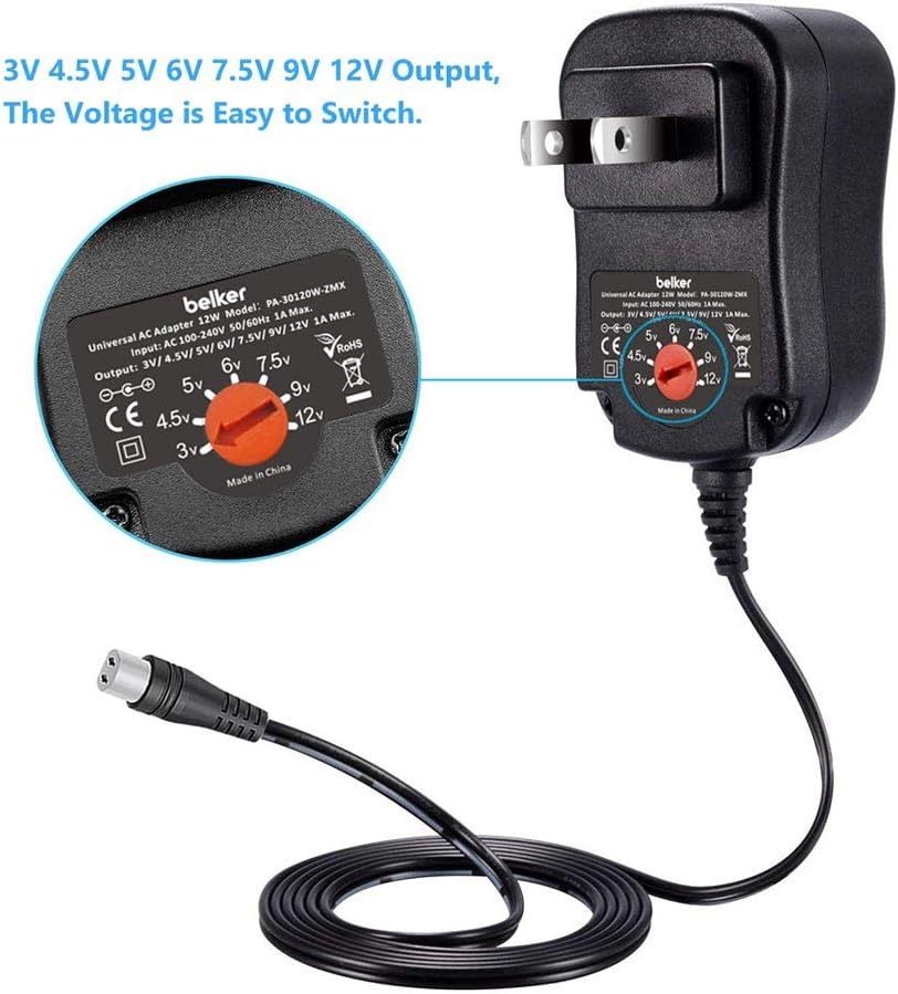 Belker 12W Universal 3V 4.5V 5V 6V 7.5V 9V 12V AC DC Adapter Power Supply for Household Electronics Router Speaker Smart Phone Tablet CCTV IP Camera - 1A 1000mA Amp Max.: Home Audio & Theater