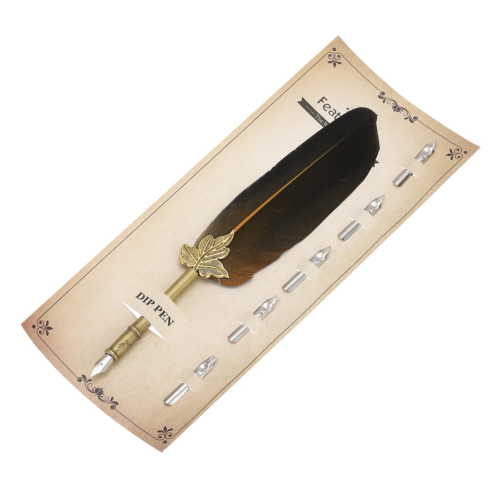 PATIKIL Feather Pen, 9.4 Inch Vintage Quill Pen Feather Dip Pen with 5 Pcs Replacement Nibs for Writing Calligraphy Wedding Signature Guest, Brown