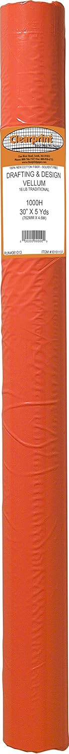 Clearprint 1000H Design Vellum Roll, 16 lb, 100% Cotton, 24 Inches W x 20 Yards Long, Translucent White, 1 Each (10101130)