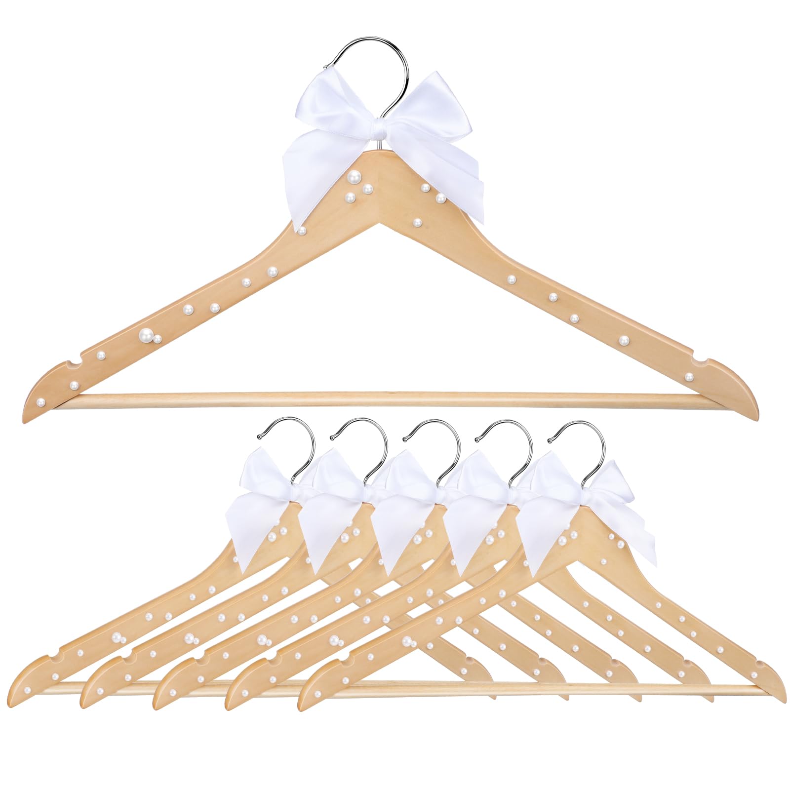 Photo 1 of 10 Pcs Bridesmaid Hangers for Wedding Bride Groom Ribbon Bow Pearl Hanger Wood Color Elegant Wooden Dress for Bridal Shower Tuxedo Photo Keepsake Party Gift
