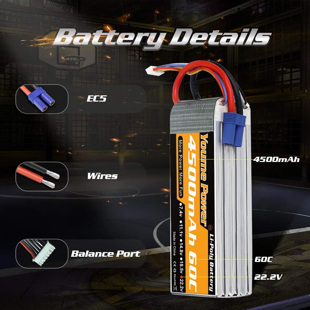 Youme 6S Lipo Battery,22.2V 4500mAh Lipo Battery 60C with EC5 and XT90 Plug for X Class Drone Racing 70MM 8MM 90MM EDF RC Quadcopter Airplane Helicopter Car Truck Boat Hobby (2 Packs) - Image 4