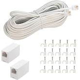 LanSenSu Phone Extension Cord 50 Ft, Phone Cord Telephone Cable with Standard RJ11Plug and 2 in-Line Couplers and 20Cable Clip Holders, White (White, 50 Feet)