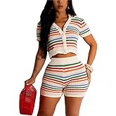cu4eve Crochet Sets Two Piece Women Summer Causal Knit Short Sleeve Button Down Shirt and Shorts Matching Set Jumpsuit