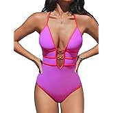 CUPSHE Women's One Piece Swimsuit Halter Plunging Neck Cutout Back Bathing Suit Spaghetti Adjustable Straps O Ring
