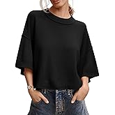 Seiciviy Women's Spring Sweater Cropped 2026 Fashion 3/4 Short Sleeve Casual Crewneck Knit Tops Loose Lightweight Pullover Black