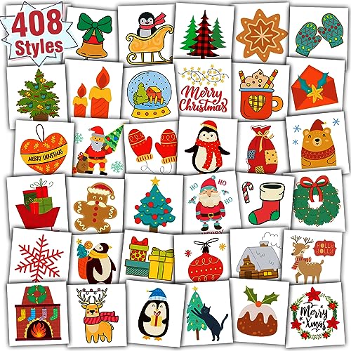 Partywind 408 Styles Christmas Tattoos for Kids Stocking Stuffers, Christmas Holiday Party Supplies Favors, Xmas Presents Goodie Bag Fillers for Boys and Girls (Individually Wrapped Sheets)