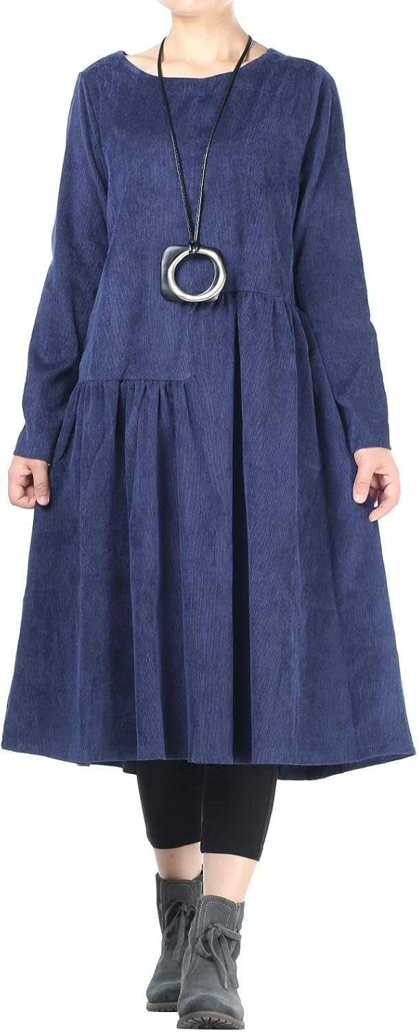 Mordenmiss Women’s Corduroy Pleated Dresses Swing Long Sleeve Dress with Pockets at  Women’s Clothing store