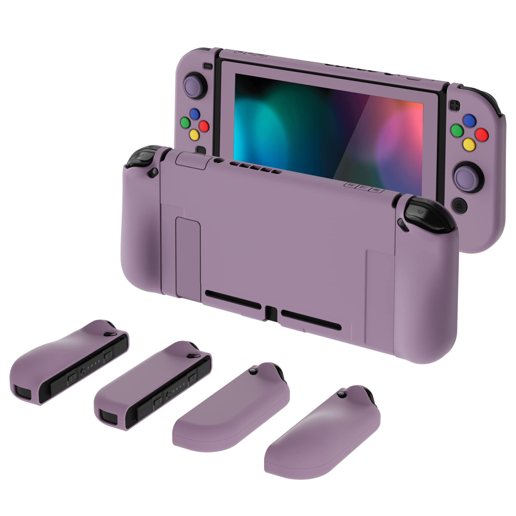 playvital AlterGrips Dockable Protective Case Ergonomic Grip Cover for Nintendo Switch, Interchangeable Joycon Cover w/Screen Protector & Thumb Grip Caps & Button Caps - Dark Grayish Violet