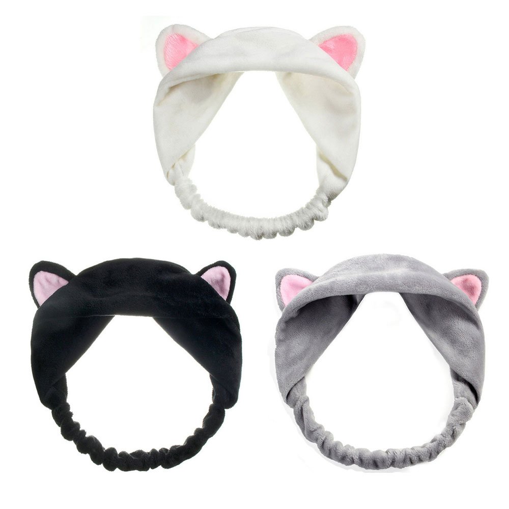 ONEGenug Elastic Headband, 3pcs Hair Band for Makeup, Shower, Cosplay, Cat Ears Headband for Women Girls