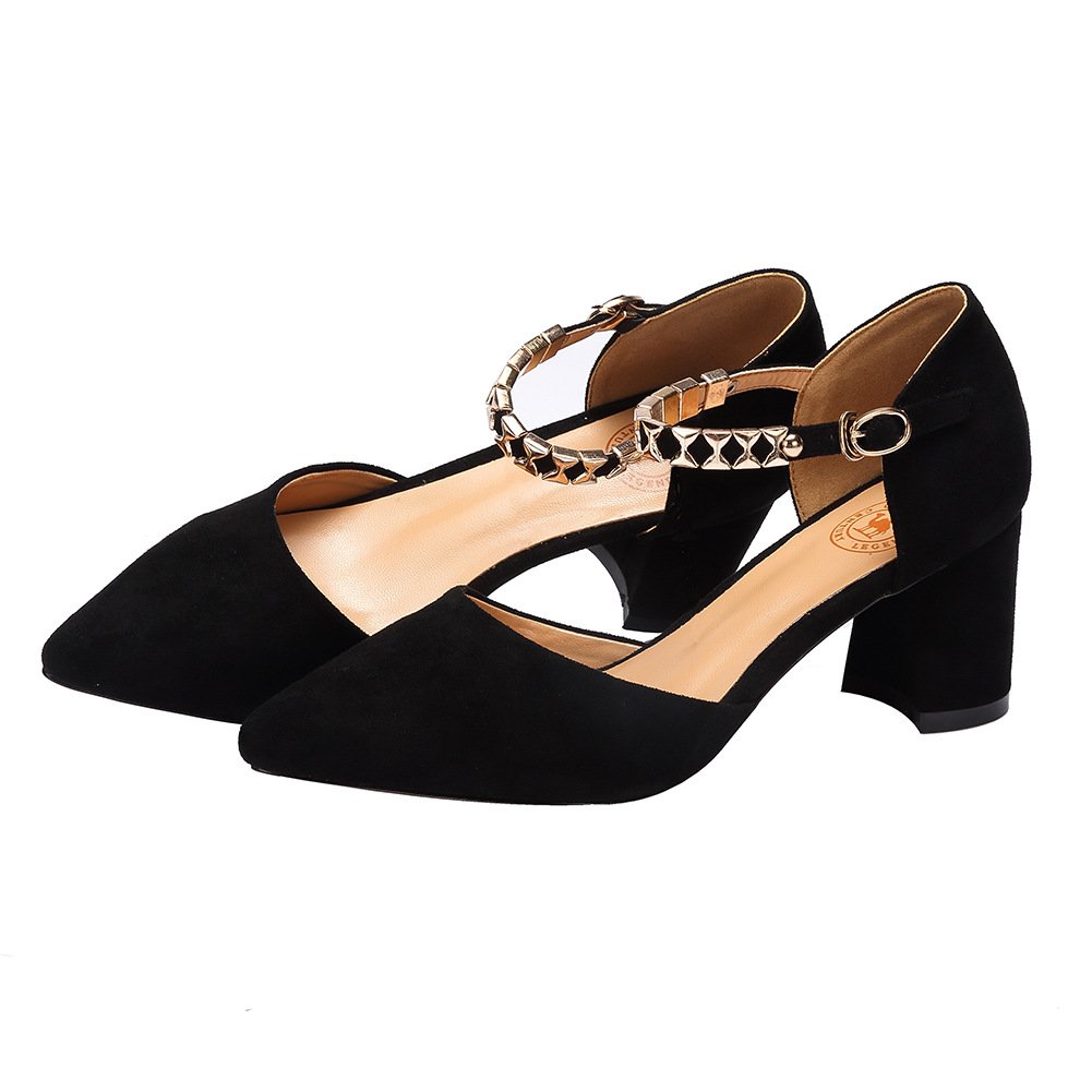 CAMEL CROWN Women\'s Elegant Pointy Toe Chunky Heel Dorsay Pumps with Ankle Straps Color 600 Black Size 8