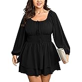 SCOMCHIC Women Plus Size Romper Dress Short Jumpsuit Square Neck Long Sleeve Fall High Waist Ruffle Mini Boho Jumpsuits