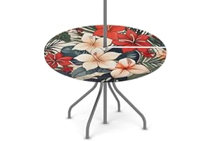 PARDICK Round Outdoor Tablecloth with Umbrella Hole Seasonal Flowers Round Fitted Tablecloth Waterproof Umbrella Tablecloth with Zipper Round Patio Table Cover Elastic Outdoor Table Cover, Fits 45"-56" Table