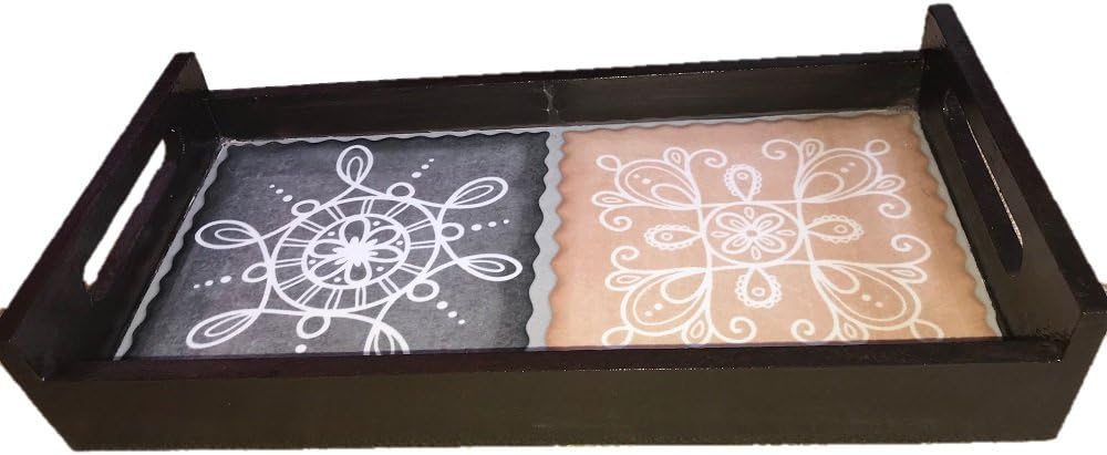 IFOLIANT'S Wooden Decorative Ceramic Tile Tray (Rectangular - 12.5'' L X 6.5'' W X 2.0'' H), Multi Color (Rangoli Design)