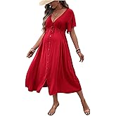 OYOANGLE Women's Maternity Drawstring Waist Midi Dress V Neck Ruffle Short Sleeve Pregnancy Flowy Dresses