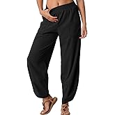 FREEOAK Womens Wide Leg Harem Pants Palazzo Boho Casual Loose Elastic Waist 2025 Travel Vacation Outfits with Pockets
