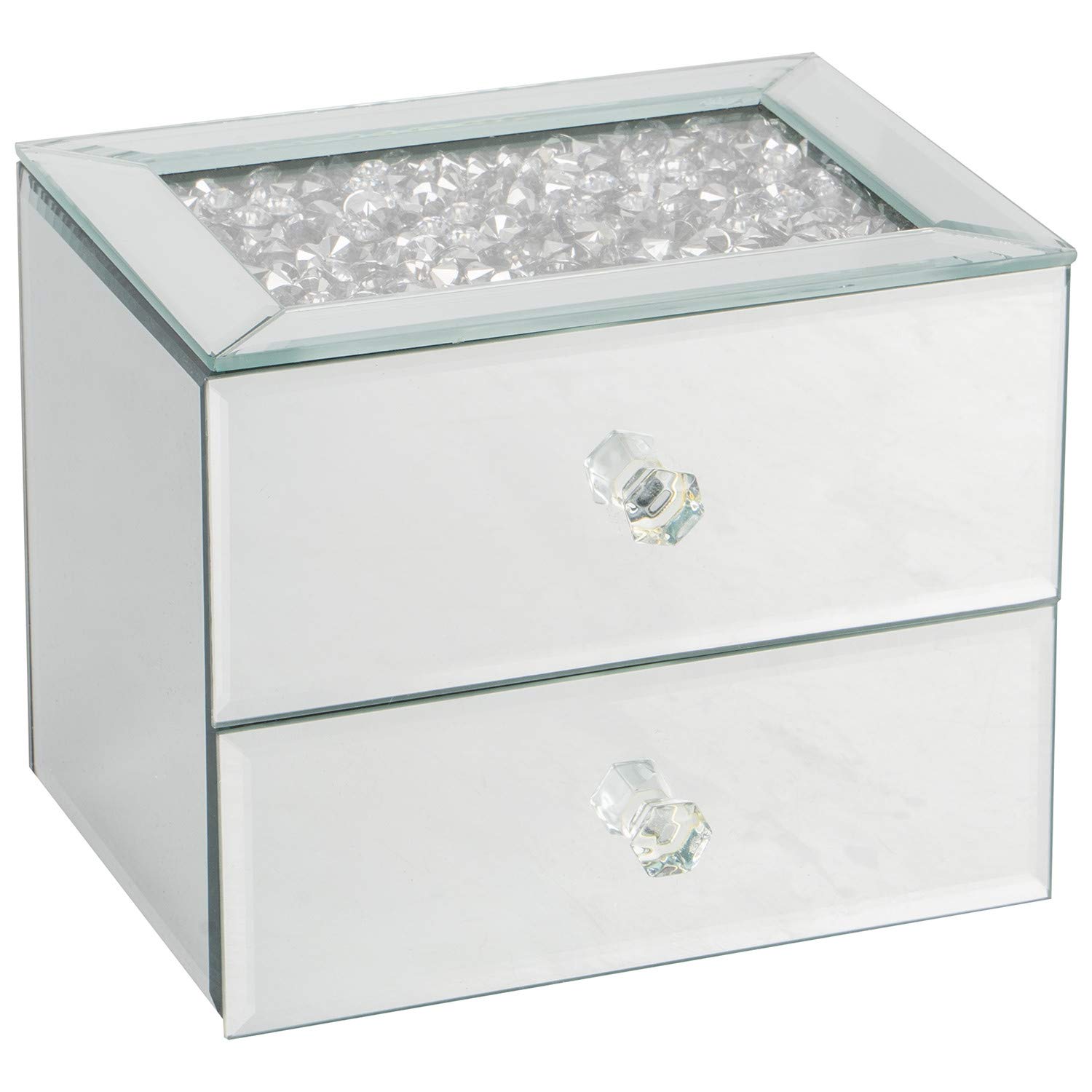 DEENZ SILVER CRUSHED DIAMANTE MIRRORED GLASS JEWELLERY BOX EYE CATCHING DESIGN BLACK VELVET INLAY TRINKET BOX MIRRORED STORAGE BOX 2 AND 3 DRAWERS (TWO DRAWER)