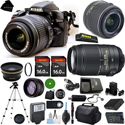 D3200 24.2 MP CMOS Digital SLR, NIKKOR 18-55mm f/3.5-5.6 Auto Focus-S DX VR, AF-S NIKKOR 55-300mm f/4.5-5.6G ED VR, 2pcs 16GB BaseDeals Memory, Case, Wide Angle, Telephoto, Battery, Charger