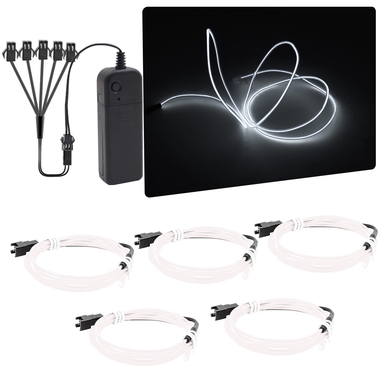 NWpangu EL Wire Neon Lights, 5 in 1(3.28Ft Each) Electroluminescent EL Wires Set for Holiday, Party, DIY Decoration, Warning Sign, White(3 Operation Modes)