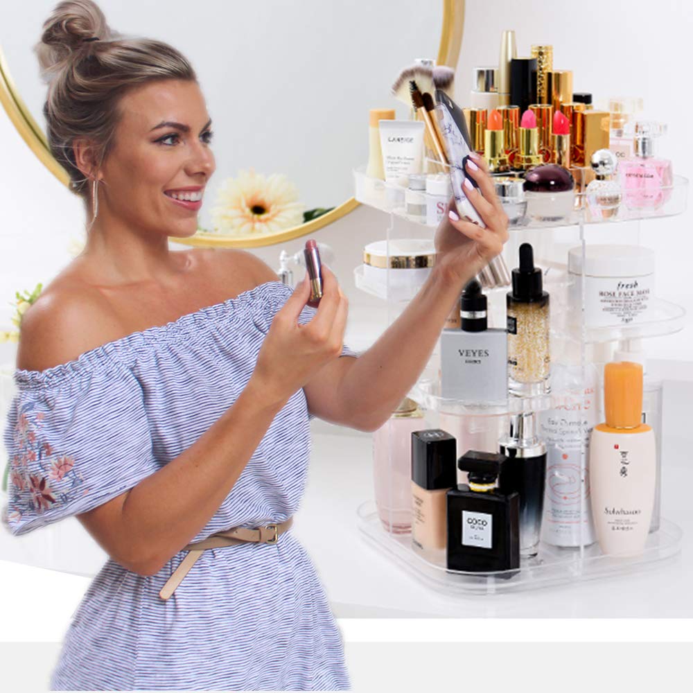 Makeup Organizer,Clear Transparent, Large Cosmetic Frame Storage Box,360 Degree Rotating Adjustable Cosmetic Storage Display Case,Fits Jewelry,Makeup Brushes, Lipsticks and More
