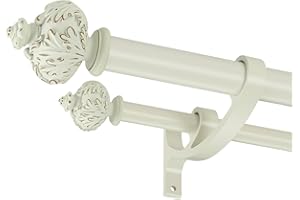 Lwiiom Heavy Duty Double Curtain Rod with Palm Leaves Finials and Aluminum Bouquet Brackets,Double Curtain Rods for Windows 36 to 72 Inches,1 Inch Front, 5/8 Inch Back Adjustable Double Rods,White