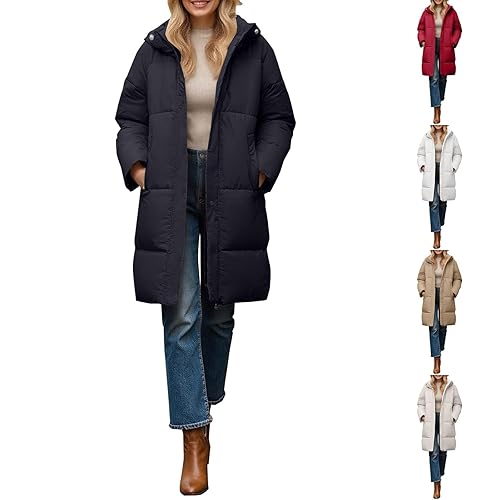 Womens Jacket, Winter Jackets for Women uk Hooded Windproof Hybrid Down Puffer Coat with Zip Pockets Outdoor Warm Thick Parka L