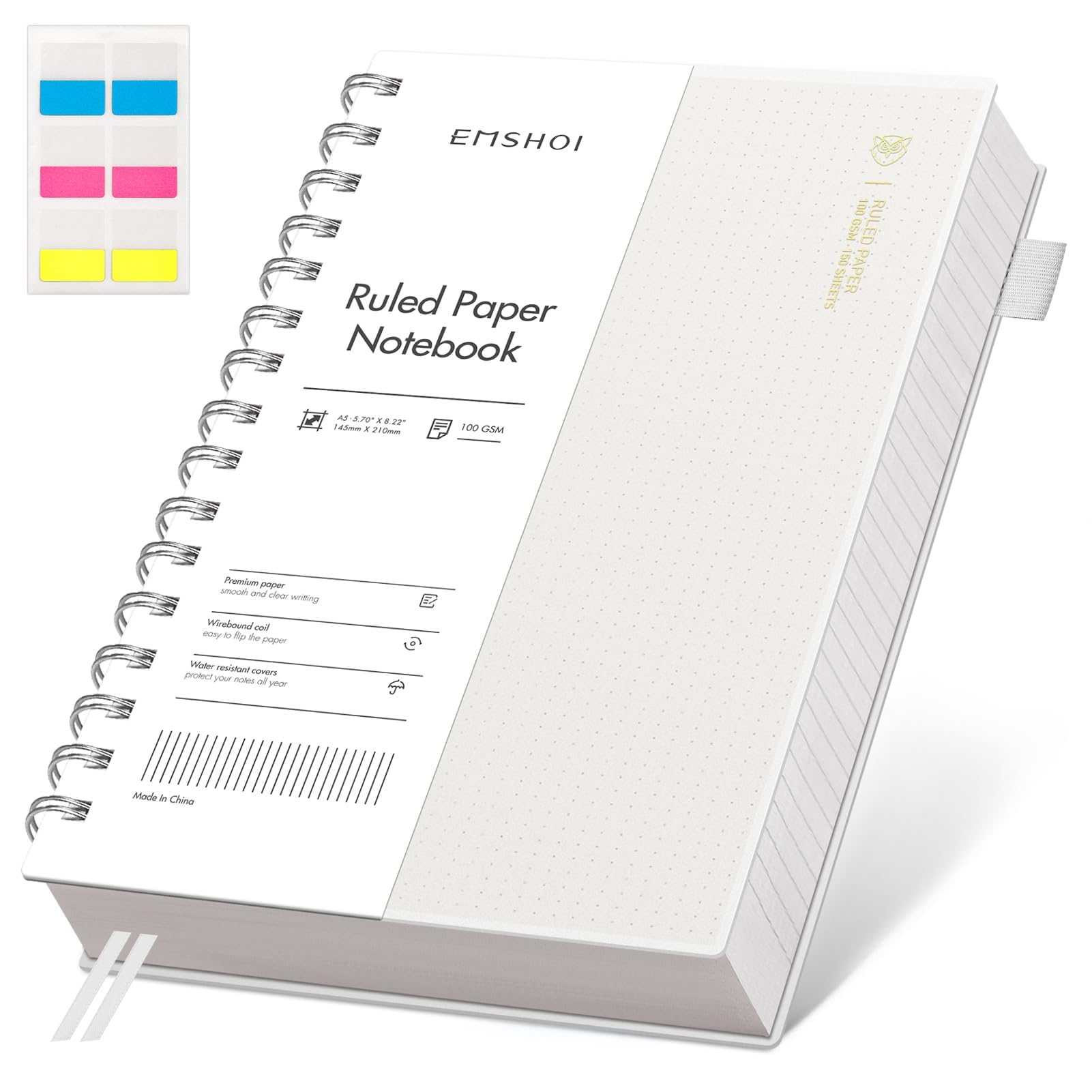 EMSHOI A5 Notebook College Ruled, Spiral Notepad 150 Sheets/300 Pages, 100gsm, PVC Cover, Sticky Notes, Pocket, Pen Loop, Ruler, Bookmark, Lined Journal for Writing, 14.5 x 21cm, Transparent