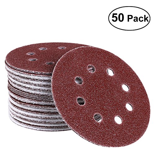 UEETEK Hook and Loop Sanding Discs 8 Hole 5 Inch 40 Grit Sandpaper round shape（Pack of 50）