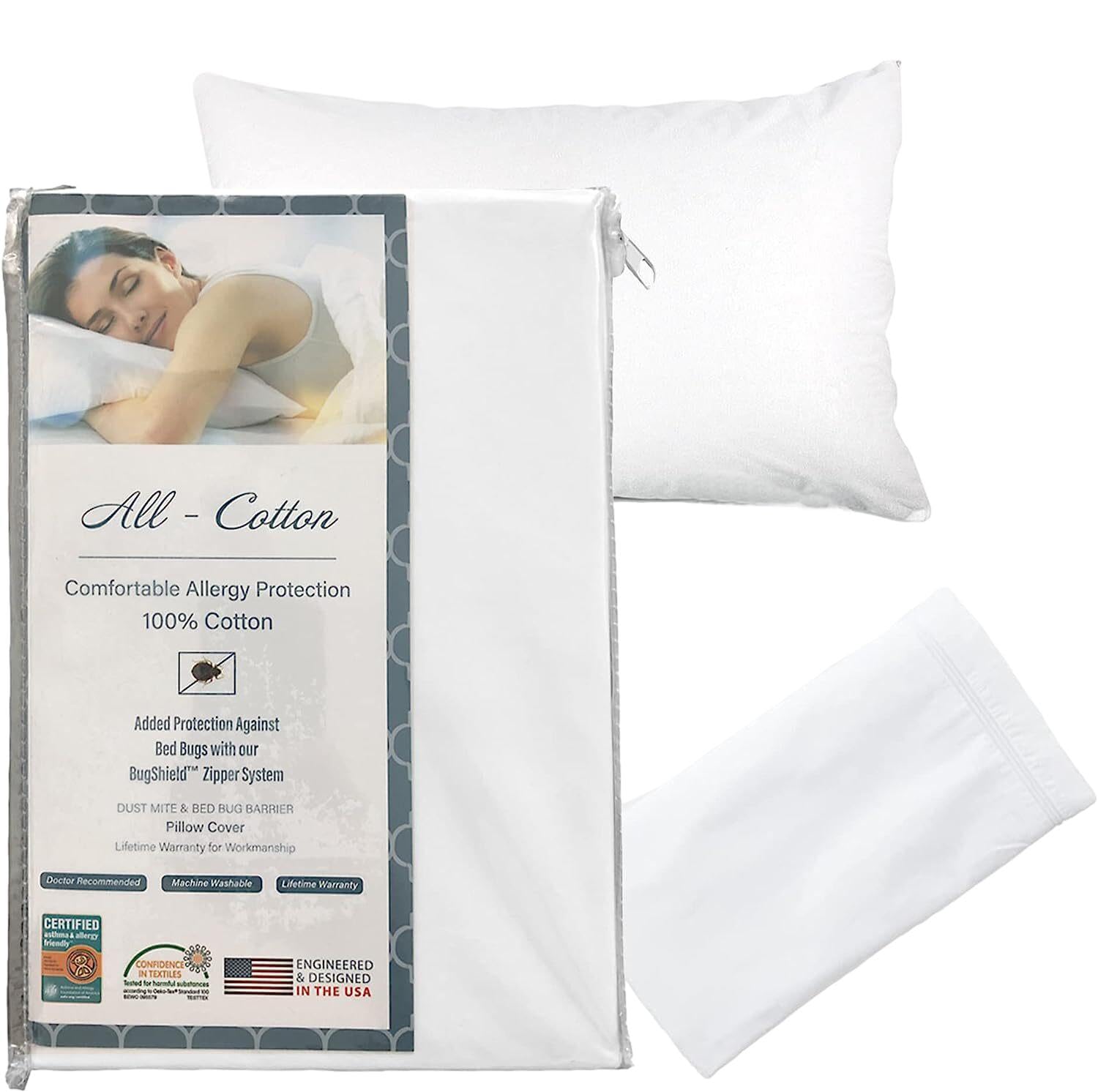 National Allergy Premium 100% Cotton Zippered Pillow Protector - Queen Size - White - 2 Pack - 300 Thread Count - Hypoallergenic Bed Pillowcase with Zipper - Breathable Encasement Cover